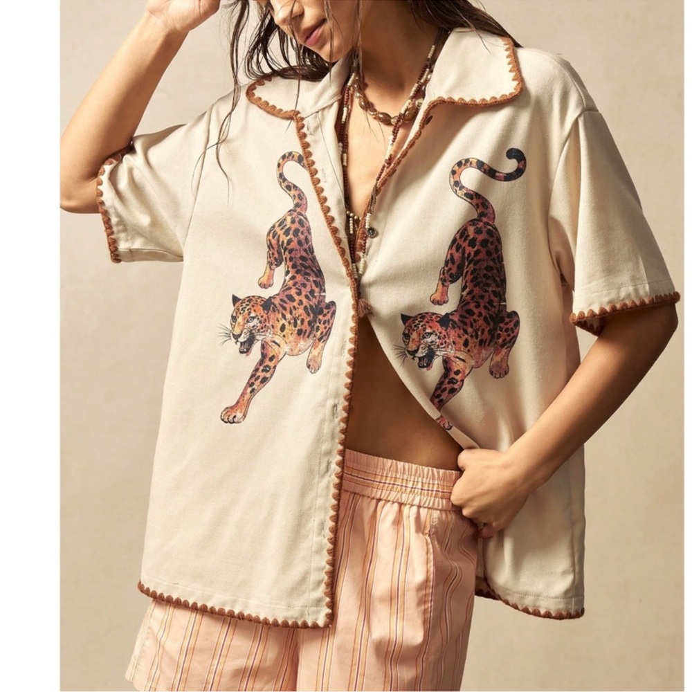 Solid Line Leopard Print Button Down Loose Fit Top S M L XL